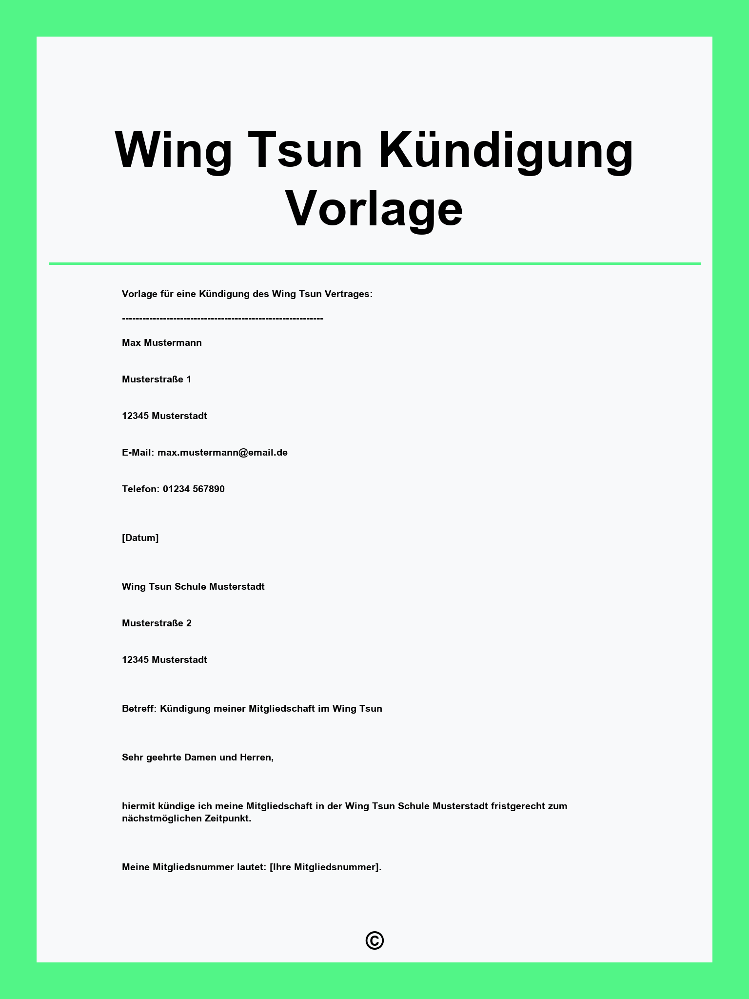 Wing Tsun Kündigung Vorlage